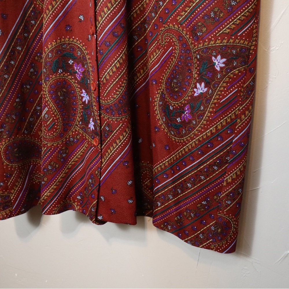 Vintage Maroon Paisley Semi Sheer Layering Button Down Collared Dress Size Large - Picture 4 of 5